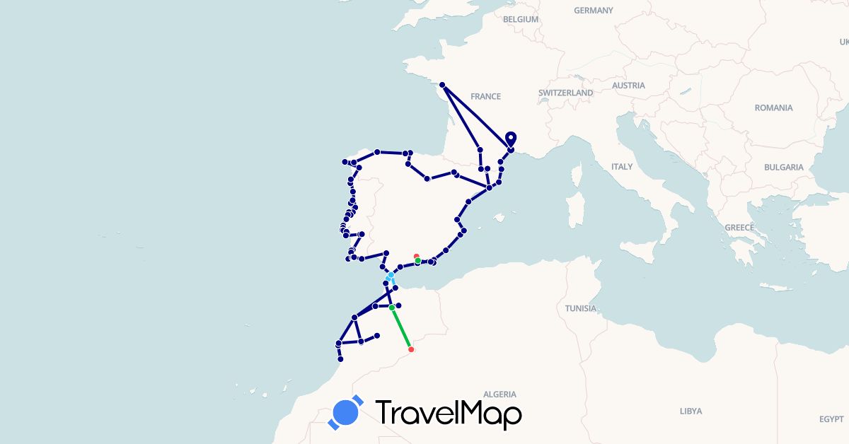 TravelMap itinerary: driving, bus, hiking, boat in Andorra, Spain, France, Morocco, Portugal (Africa, Europe)